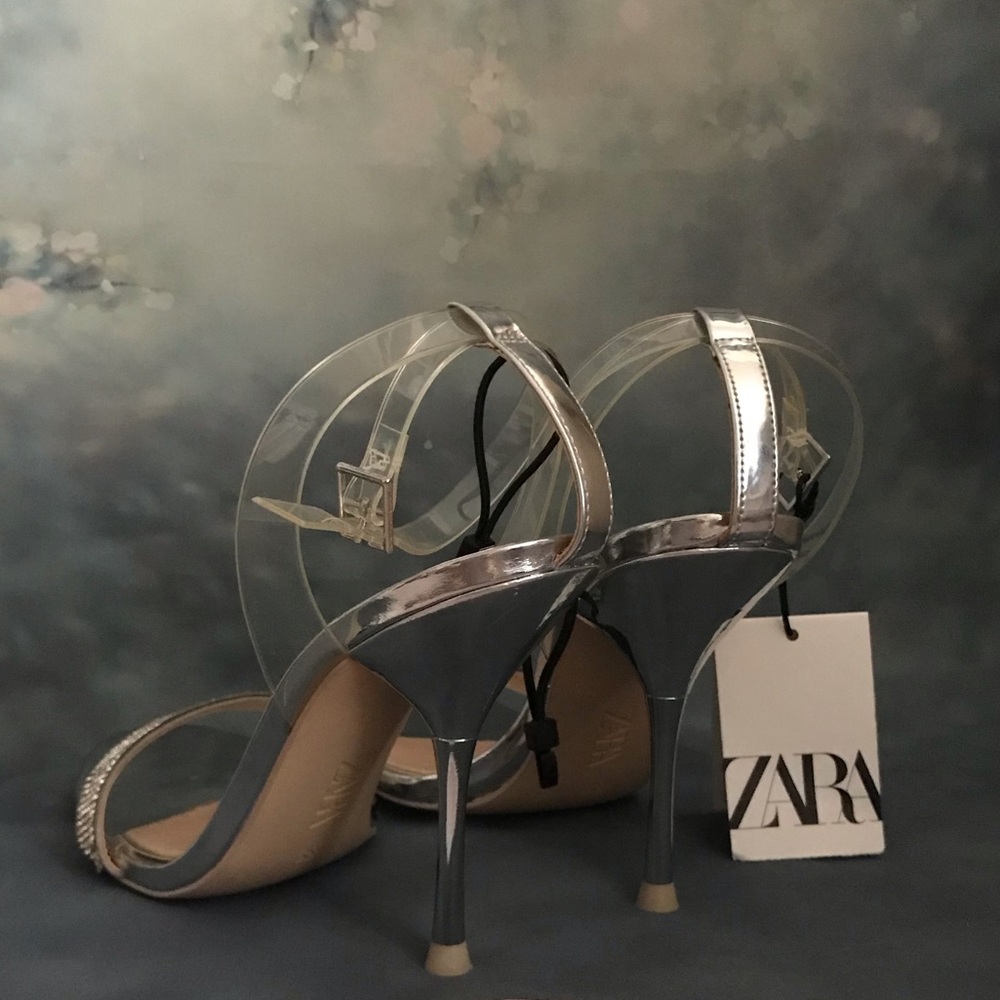 Zara Metallic Silver and Crystal Heeled Sandals - Picture 7 of 12